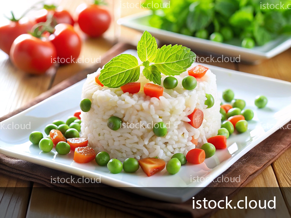 A vibrant dish featuring a mound of white rice garnished with diced tomatoes and green peas, decorated with fresh mint leaves, served on a white plate with additional cherry tomatoes and leafy vegetables in the background.