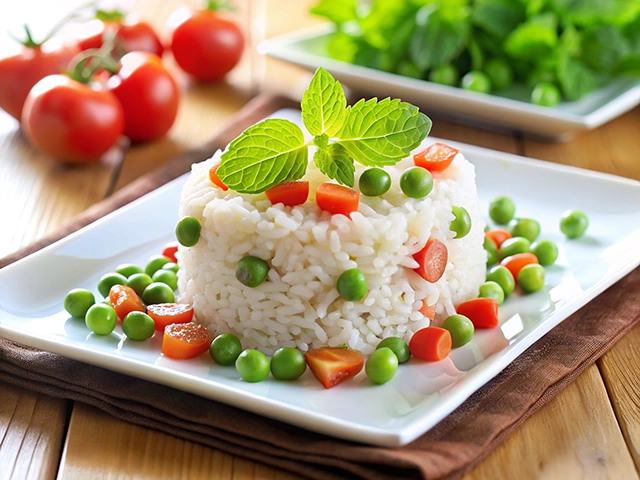 A vibrant dish featuring a mound of white rice garnished with diced tomatoes and green peas, decorated with fresh mint leaves, served on a white plate with additional cherry tomatoes and leafy vegetables in the background.