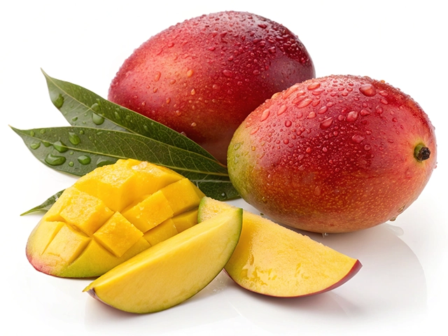 Two fresh whole mangoes, and one sliced to reveal the bright yellow fruit, with droplets of water on their surfaces and green mango leaves in the background.