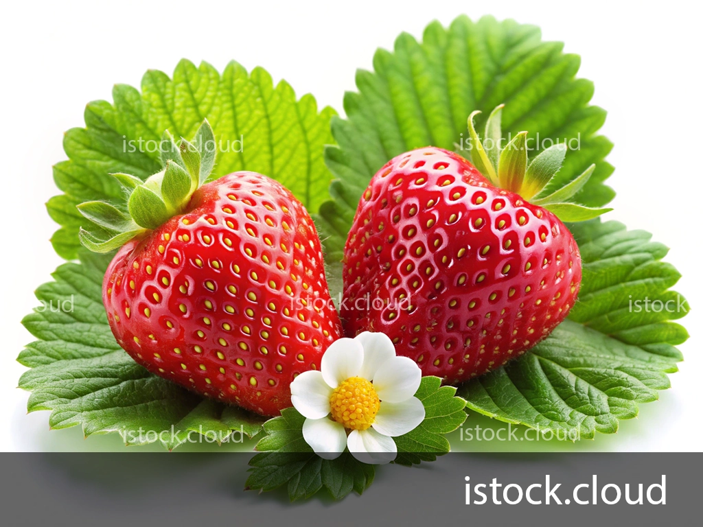 Two ripe strawberries surrounded by green leaves and a small white flower, showcasing their vibrant red color and freshness.