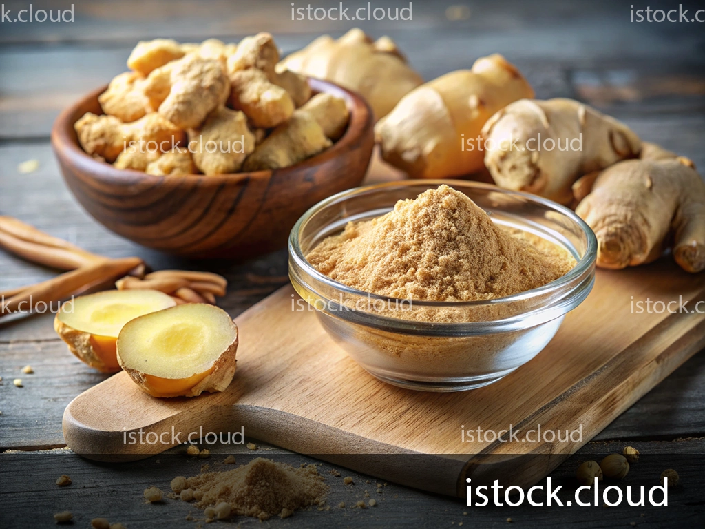 A wooden bowl filled with whole ginger roots, alongside a glass bowl containing powdered ginger on a wooden cutting board, with sliced ginger pieces and scattered ginger powder in the foreground.