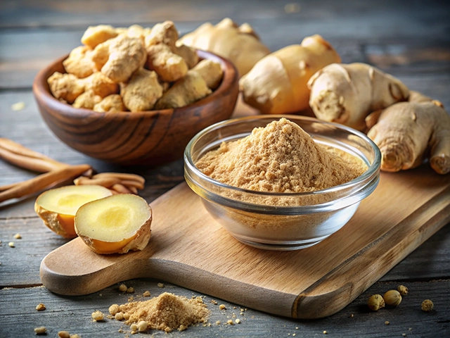 A wooden bowl filled with whole ginger roots, alongside a glass bowl containing powdered ginger on a wooden cutting board, with sliced ginger pieces and scattered ginger powder in the foreground.