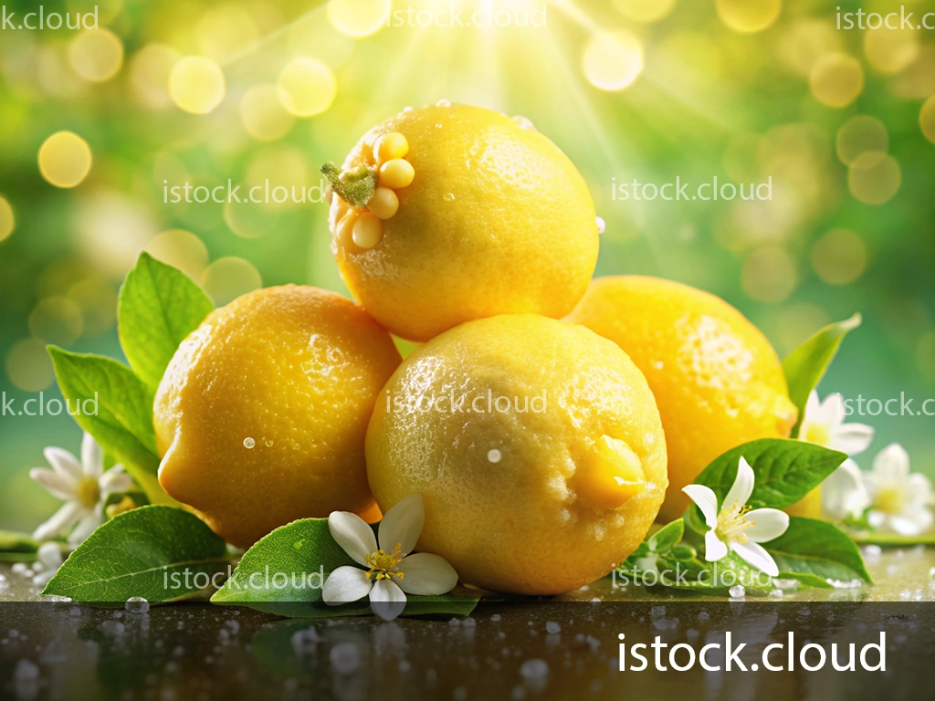 A close-up image of four vibrant yellow lemons resting on green leaves, surrounded by white blossoms and glistening droplets of water. The background features a soft, glowing bokeh effect.