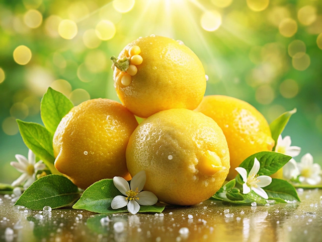A close-up image of four vibrant yellow lemons resting on green leaves, surrounded by white blossoms and glistening droplets of water. The background features a soft, glowing bokeh effect.