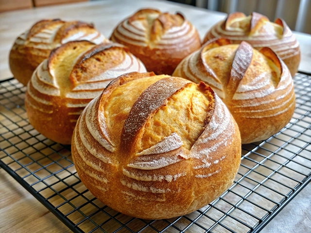 A close-up view of five round artisan bread rolls with a golden crust and decorative scoring, resting on a wire cooling rack.