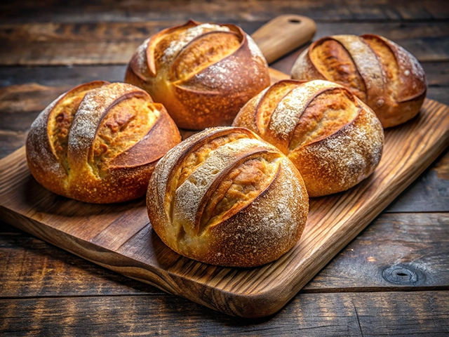 A wooden board featuring five freshly baked artisan bread rolls with a golden crust and flour dusting, placed on a rustic wooden surface.