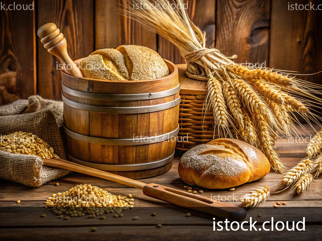 A wooden barrel filled with freshly baked bread sits next to a bundle of wheat and scattered grains on a wooden table. A wooden spoon rests beside a burlap bag containing grains.
