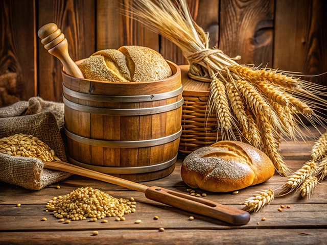 A wooden barrel filled with freshly baked bread sits next to a bundle of wheat and scattered grains on a wooden table. A wooden spoon rests beside a burlap bag containing grains.