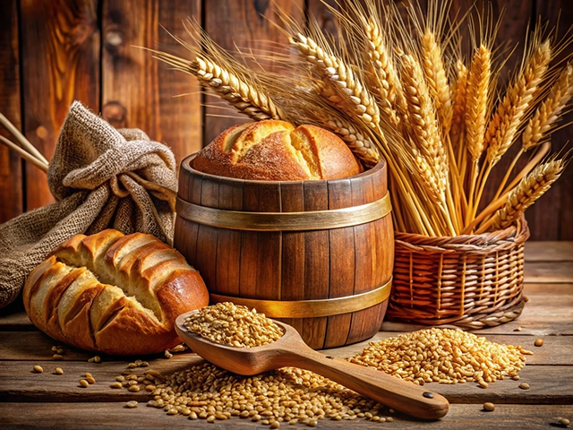 A rustic still life arrangement featuring freshly baked bread loaves beside a wooden bucket filled with bread. Nearby, a wooden spoon holds a mound of grains, accompanied by scattered grains on a wooden surface. In the background, a basket of golden wheat stalks and a burlap cloth enhance the earthy aesthetic.