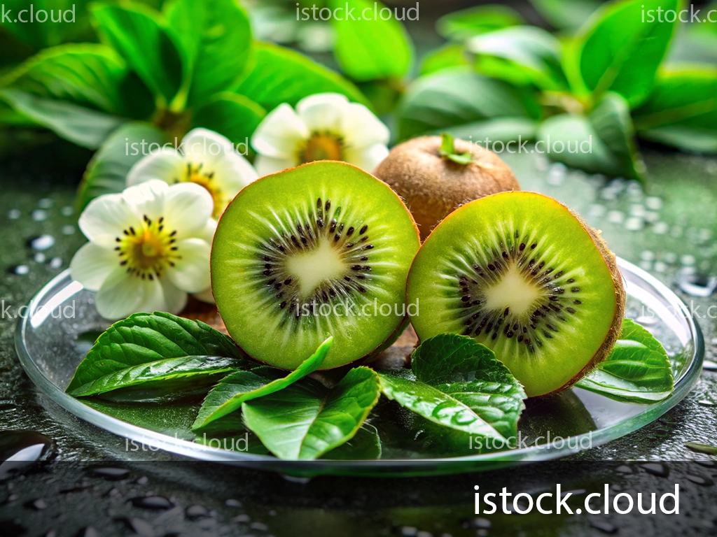 A close-up image of halved kiwi fruits displayed on a glass plate, surrounded by green leaves and white flowers, against a blurred green background.