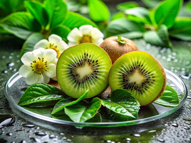A close-up image of halved kiwi fruits displayed on a glass plate, surrounded by green leaves and white flowers, against a blurred green background.