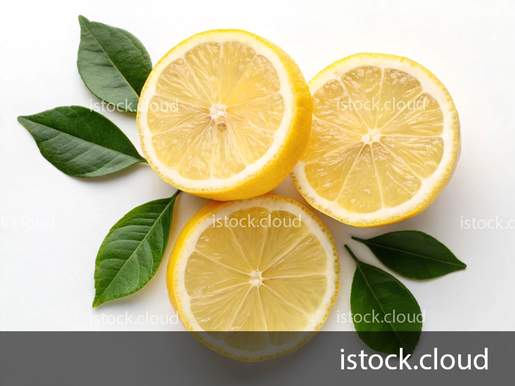 Three lemon slices arranged on a white surface with vibrant green leaves around them.