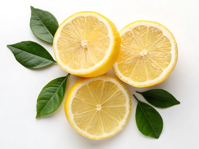 Three lemon slices arranged on a white surface with vibrant green leaves around them.