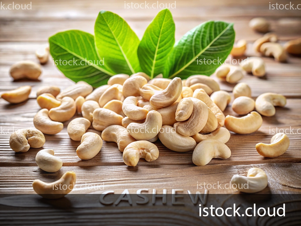 A pile of cashew nuts on a wooden surface accompanied by green cashew leaves, with the word "CASHEW" displayed in white.