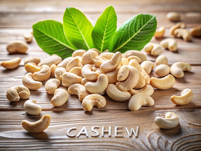 A pile of cashew nuts on a wooden surface accompanied by green cashew leaves, with the word "CASHEW" displayed in white.