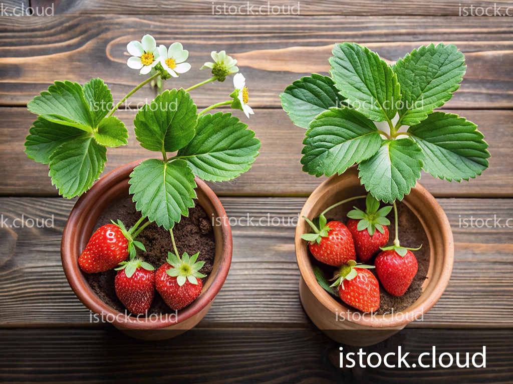 Two terracotta pots containing strawberry plants with vibrant green leaves and ripe, red strawberries, set on a wooden surface.