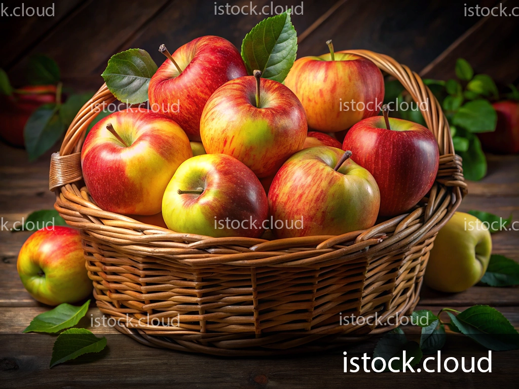 A woven basket filled with various apples, including red and yellow varieties, surrounded by green leaves on a wooden surface.