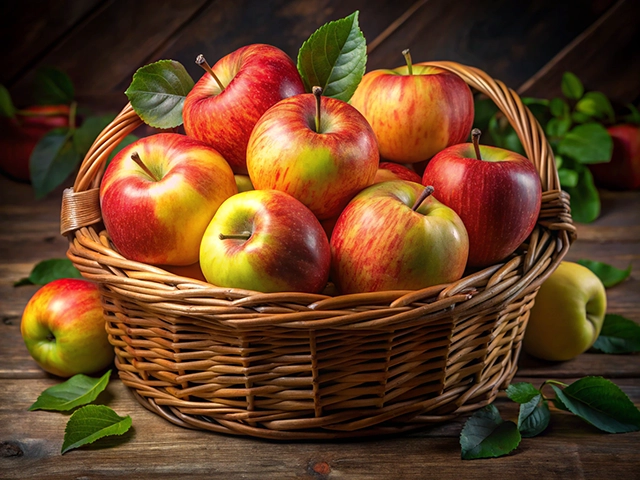 A woven basket filled with various apples, including red and yellow varieties, surrounded by green leaves on a wooden surface.