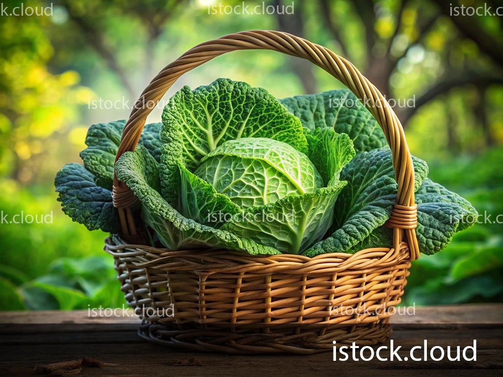 A wicker basket filled with fresh cabbage leaves, set against a blurred green garden background.