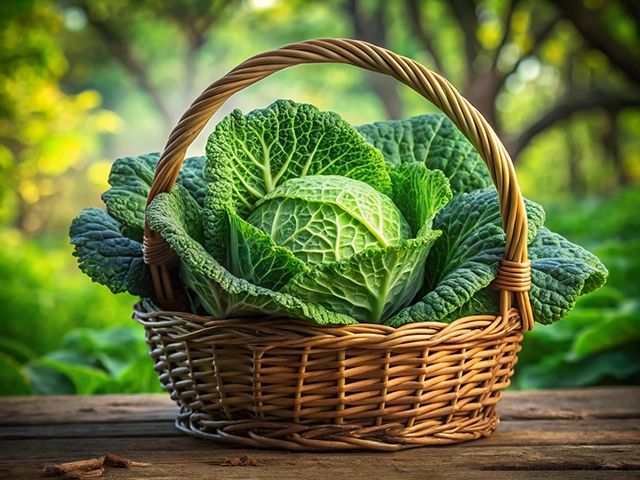 A wicker basket filled with fresh cabbage leaves, set against a blurred green garden background.