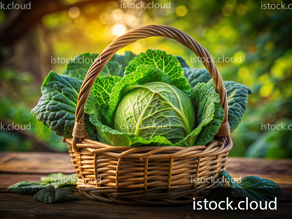 A woven wicker basket filled with fresh green cabbage leaves and a whole cabbage, sitting on a wooden table with a blurred background of greenery and soft sunlight filtering through.