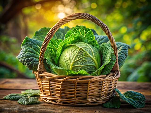 A woven wicker basket filled with fresh green cabbage leaves and a whole cabbage, sitting on a wooden table with a blurred background of greenery and soft sunlight filtering through.