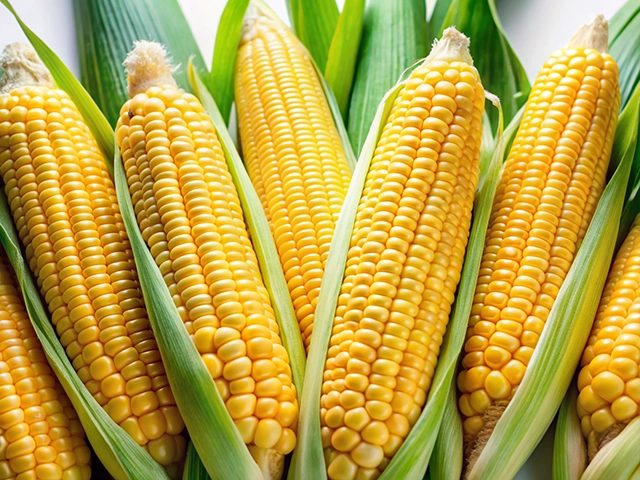A close-up image of several fresh, yellow corn cobs arranged side by side, with green husks partially covering them. The cobs display plump, evenly spaced kernels, highlighting their ripe appearance.