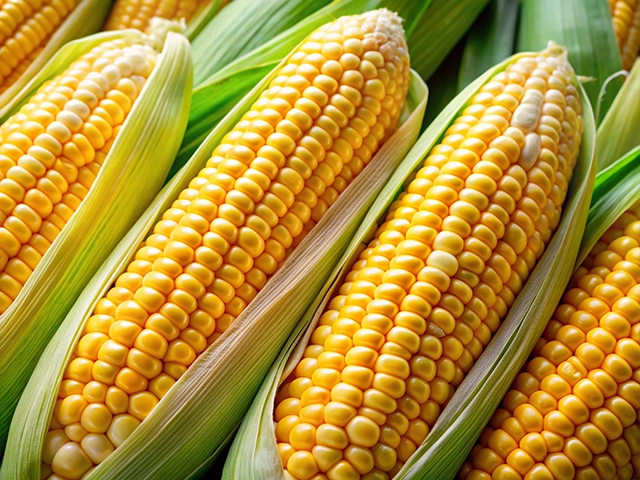 Close-up of several ears of fresh corn, showcasing bright yellow kernels and green husks.