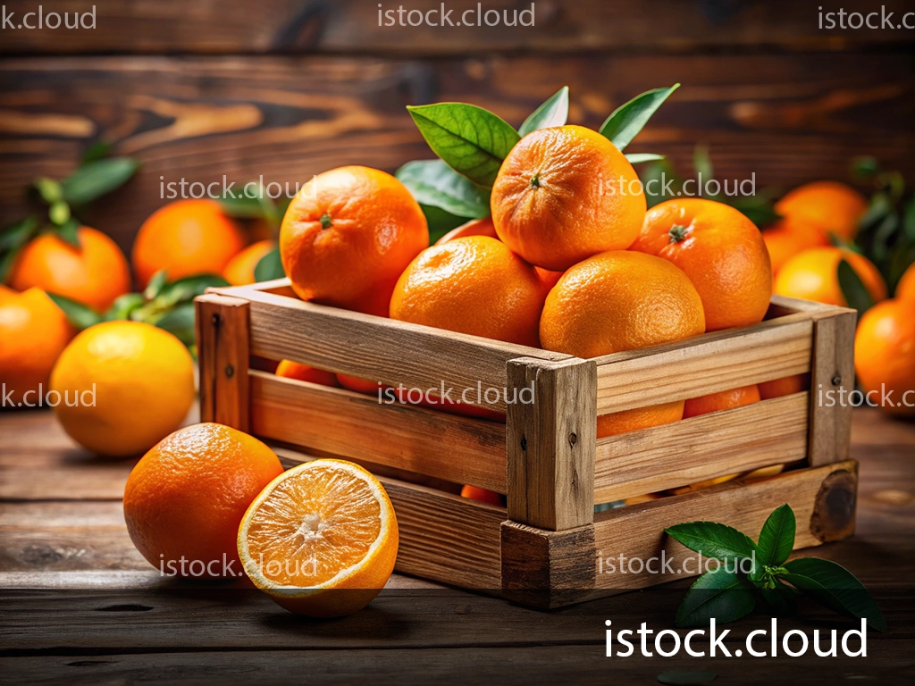 A wooden crate filled with vibrant, fresh oranges, surrounded by more oranges and green leaves on a rustic wooden surface.