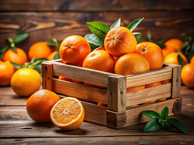 A wooden crate filled with vibrant, fresh oranges, surrounded by more oranges and green leaves on a rustic wooden surface.