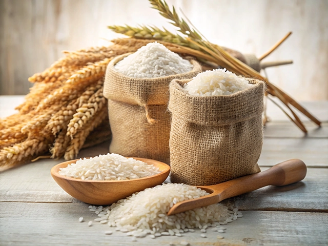Two burlap bags filled with white rice, a wooden bowl, and a wooden scoop containing rice, accompanied by stalks of grain in the background against a rustic wooden surface.