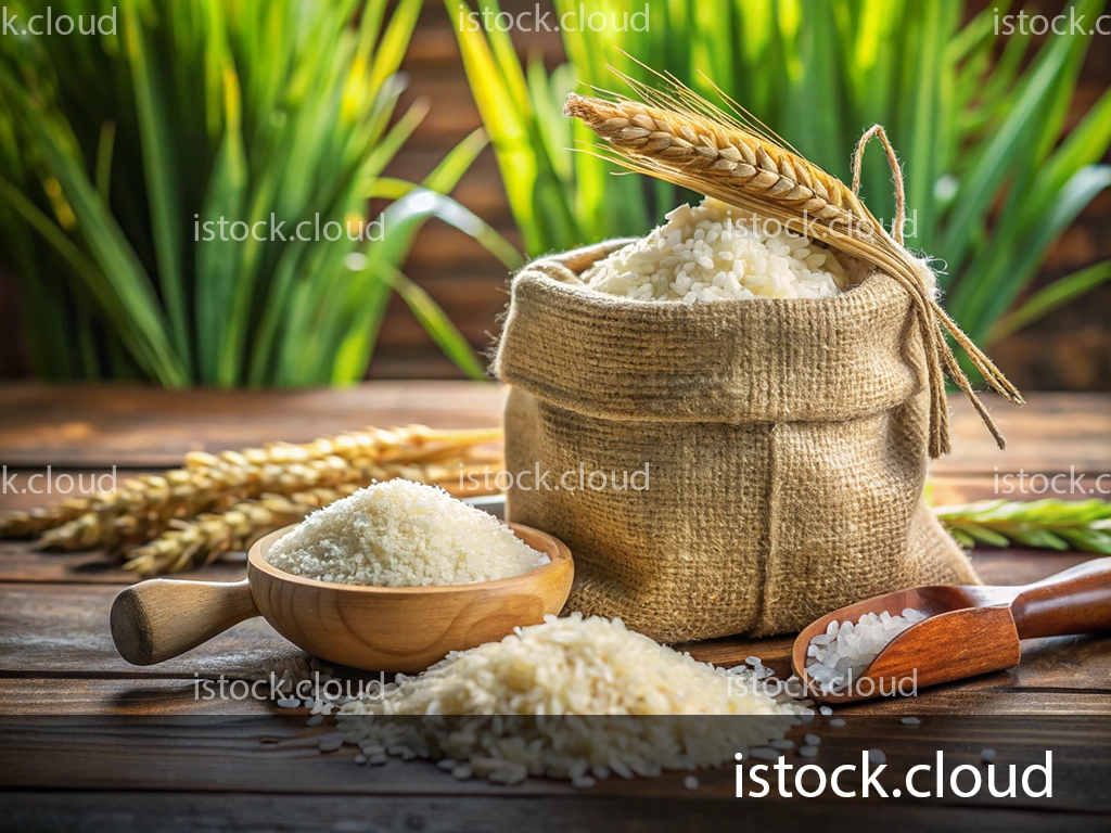 A burlap sack filled with rice sits beside a wooden bowl and scoop, surrounded by paddy stalks and green foliage, on a wooden surface.