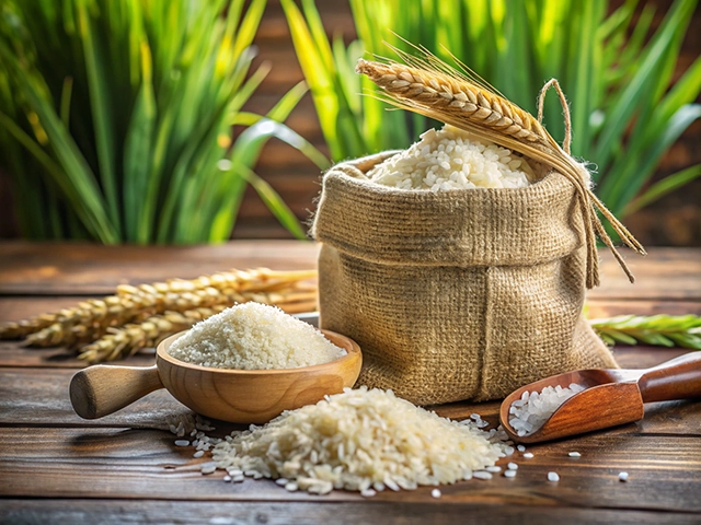 A burlap sack filled with rice sits beside a wooden bowl and scoop, surrounded by paddy stalks and green foliage, on a wooden surface.