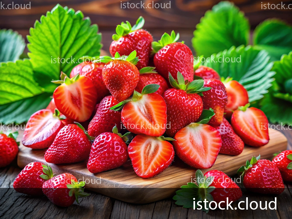 A vibrant pile of fresh strawberries, both whole and sliced, resting on a wooden cutting board. Green strawberry leaves surround the fruit, enhancing the natural look. The background features a textured wooden surface.