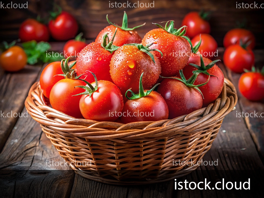 A woven basket filled with vibrant red tomatoes, glistening with water droplets, sitting on a rustic wooden surface, with additional tomatoes scattered in the background.