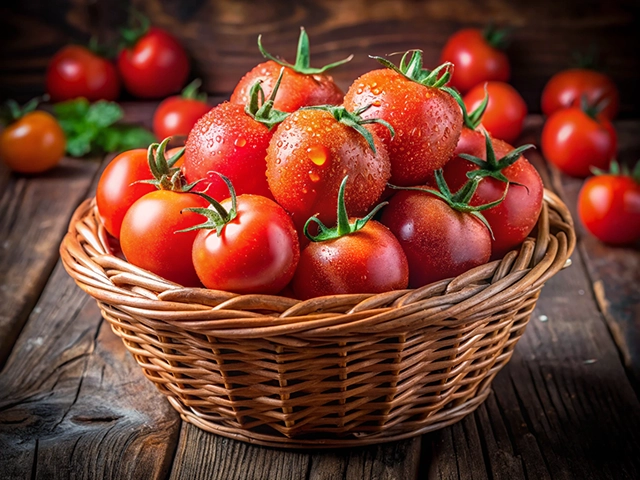 A woven basket filled with vibrant red tomatoes, glistening with water droplets, sitting on a rustic wooden surface, with additional tomatoes scattered in the background.