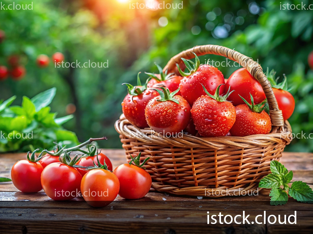 A woven basket filled with ripe, red tomatoes sits on a wooden table, surrounded by a few additional tomatoes. Fresh green leaves are visible next to the basket, and the background features a garden with soft-focus tomato plants and sunlight filtering through.