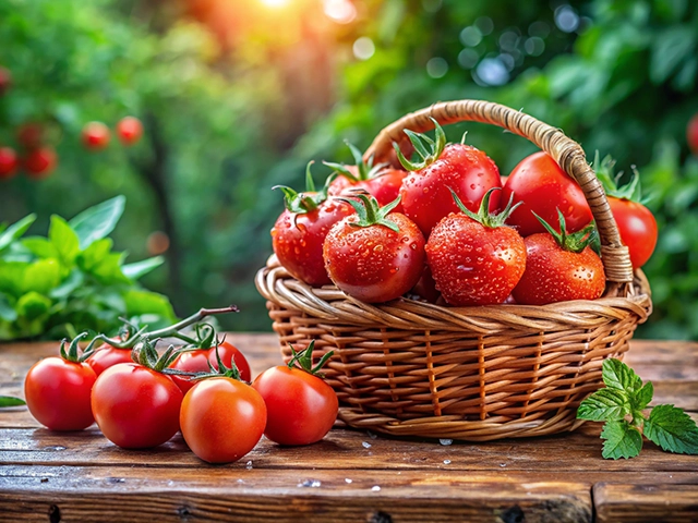 A woven basket filled with ripe, red tomatoes sits on a wooden table, surrounded by a few additional tomatoes. Fresh green leaves are visible next to the basket, and the background features a garden with soft-focus tomato plants and sunlight filtering through.
