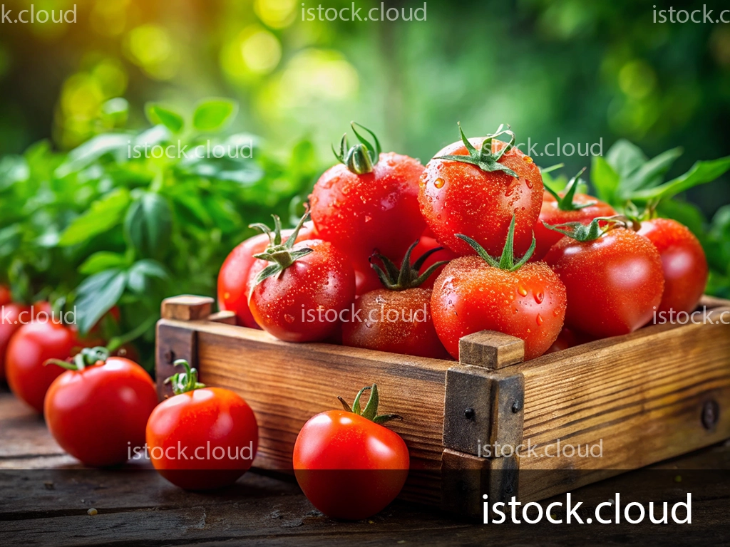 A wooden crate overflowing with fresh, ripe tomatoes, adorned with droplets of water. Several tomatoes are scattered around the crate, alongside vibrant green basil leaves in a natural, outdoor setting.