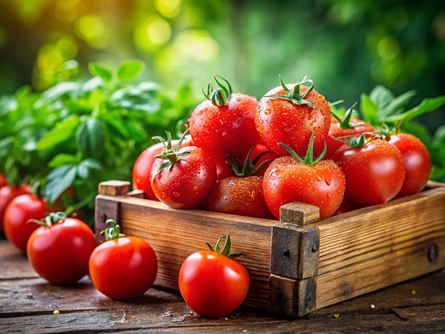 A wooden crate overflowing with fresh, ripe tomatoes, adorned with droplets of water. Several tomatoes are scattered around the crate, alongside vibrant green basil leaves in a natural, outdoor setting.