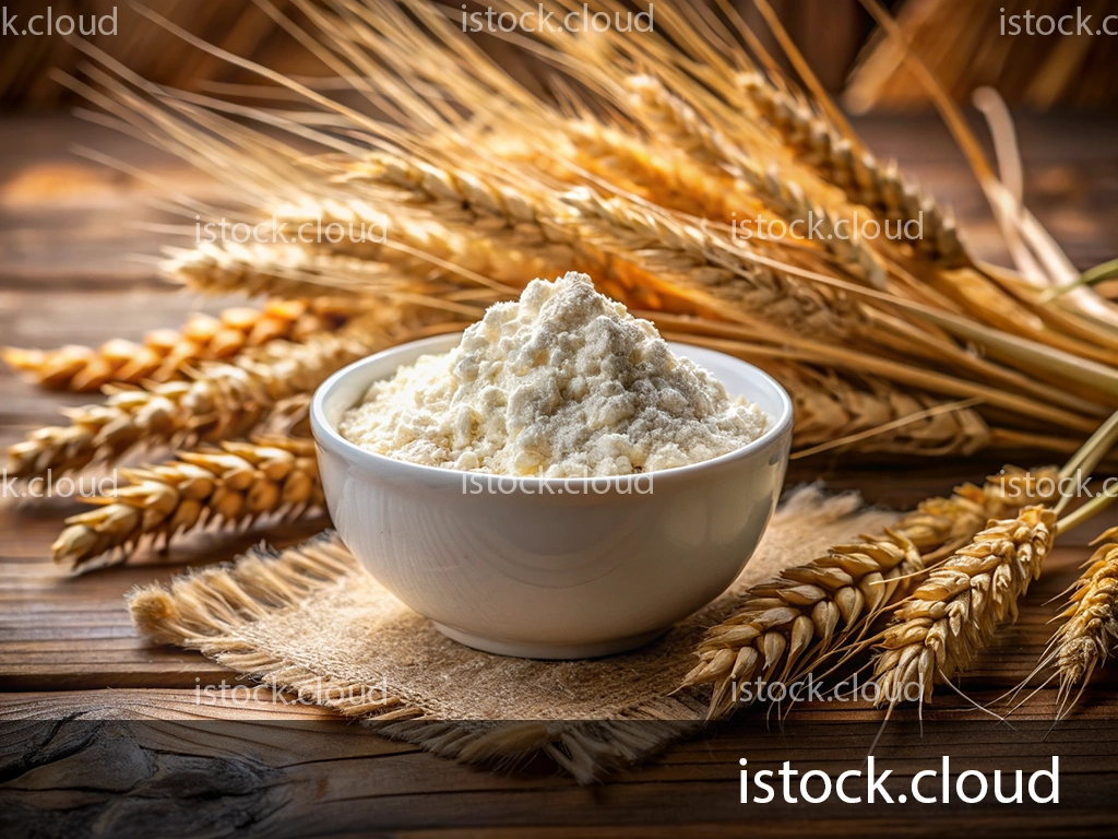 A bowl of white flour on a rustic wooden table, surrounded by golden wheat ears, emphasizing natural ingredients.