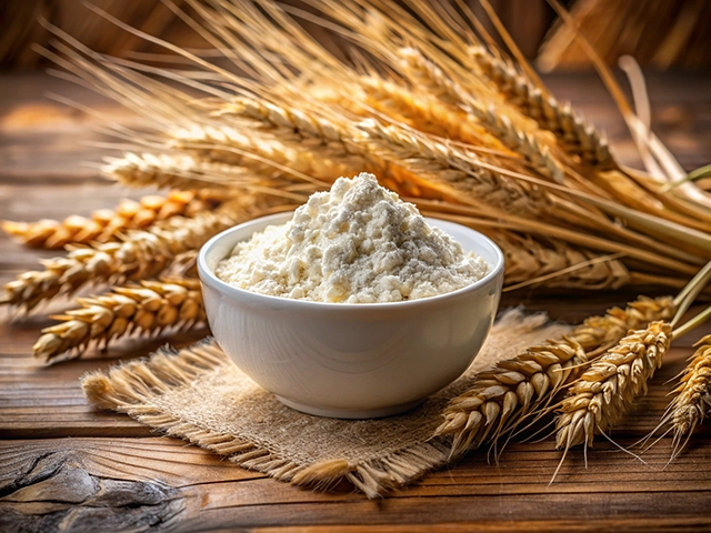 A bowl of white flour on a rustic wooden table, surrounded by golden wheat ears, emphasizing natural ingredients.