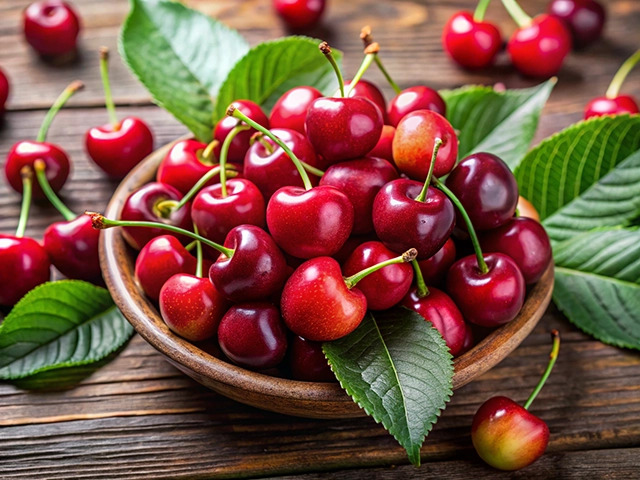 A wooden bowl filled with fresh, shiny red cherries, surrounded by vibrant green leaves on a rustic wooden surface.