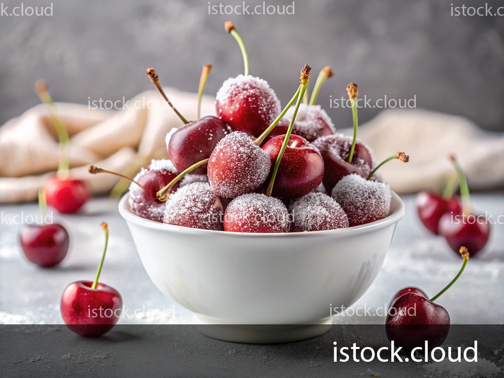A white bowl filled with shiny red cherries coated in sugar, with a few cherries scattered around on a gray countertop. A beige cloth is softly blurred in the background.