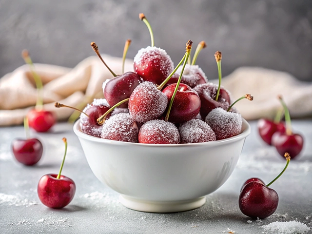 A white bowl filled with shiny red cherries coated in sugar, with a few cherries scattered around on a gray countertop. A beige cloth is softly blurred in the background.
