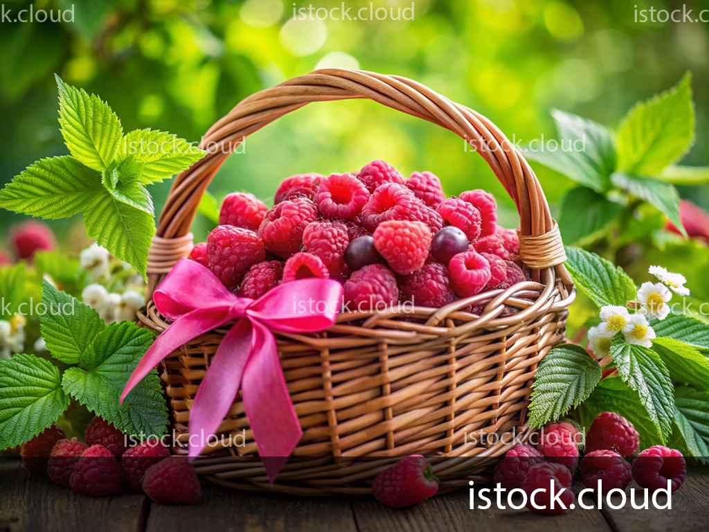 A woven basket filled with fresh raspberries, adorned with a pink ribbon, surrounded by green leaves and delicate white flowers against a blurred garden background.
