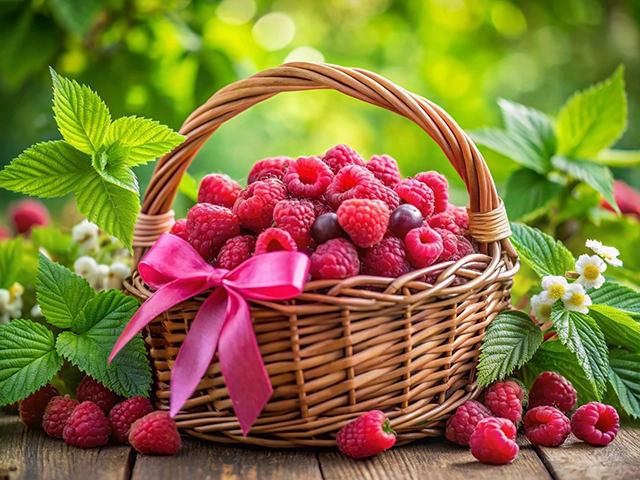 A woven basket filled with fresh raspberries, adorned with a pink ribbon, surrounded by green leaves and delicate white flowers against a blurred garden background.