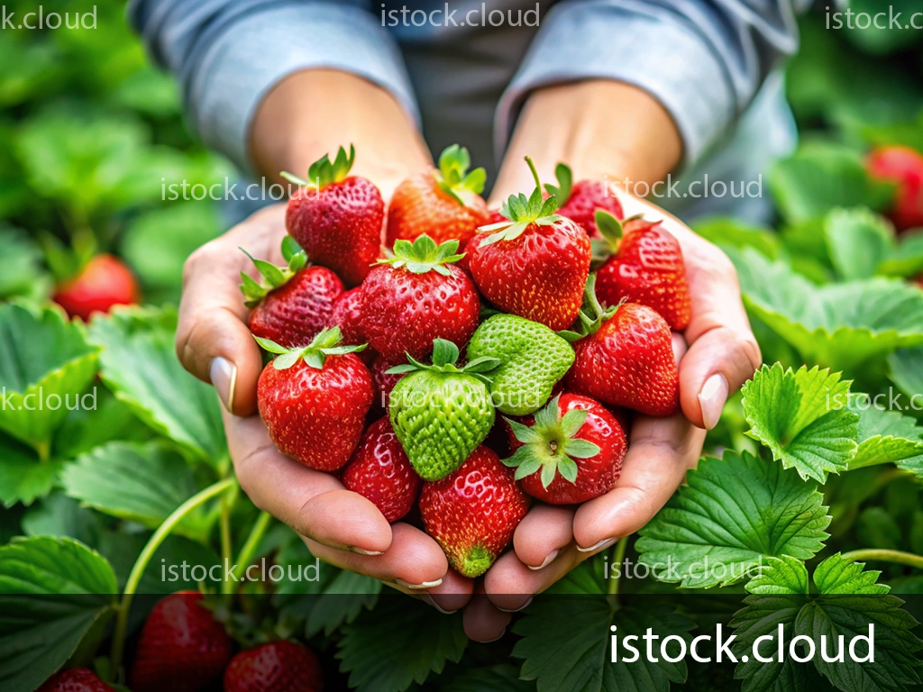 A person's hands holding a collection of ripe red and one green strawberry, surrounded by green strawberry leaves in a field.