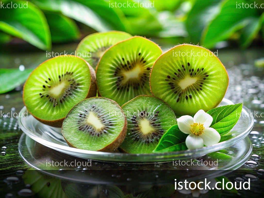 A close-up of sliced kiwi fruit arranged on a glass plate, accompanied by a small white flower and green leaves, with a blurred natural background.