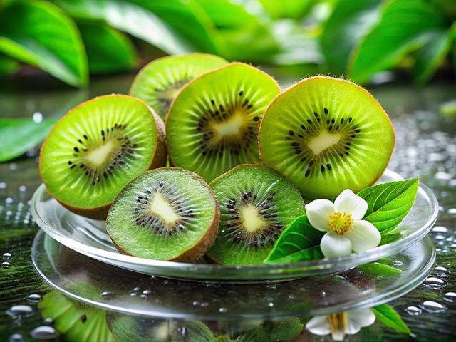 A close-up of sliced kiwi fruit arranged on a glass plate, accompanied by a small white flower and green leaves, with a blurred natural background.